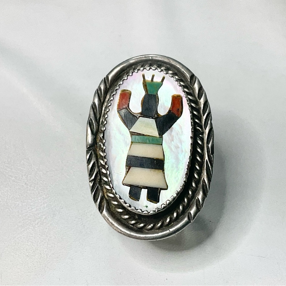 Vintage Zuni Sterling Stone Inlay Kachina Ring SZ 7.5